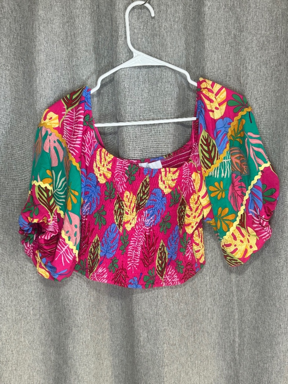 Sugarlips Marina Tropical Smocked Crop Top Pink Fuchsia Multi Small